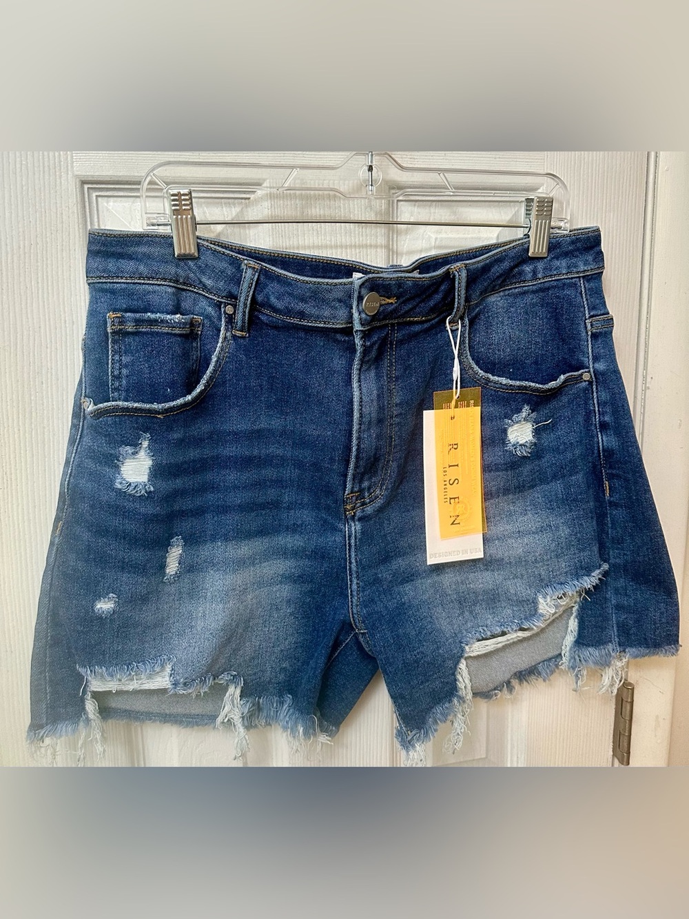 Risen Women's Distressed Denim Shorts in Dark Blue, 1X